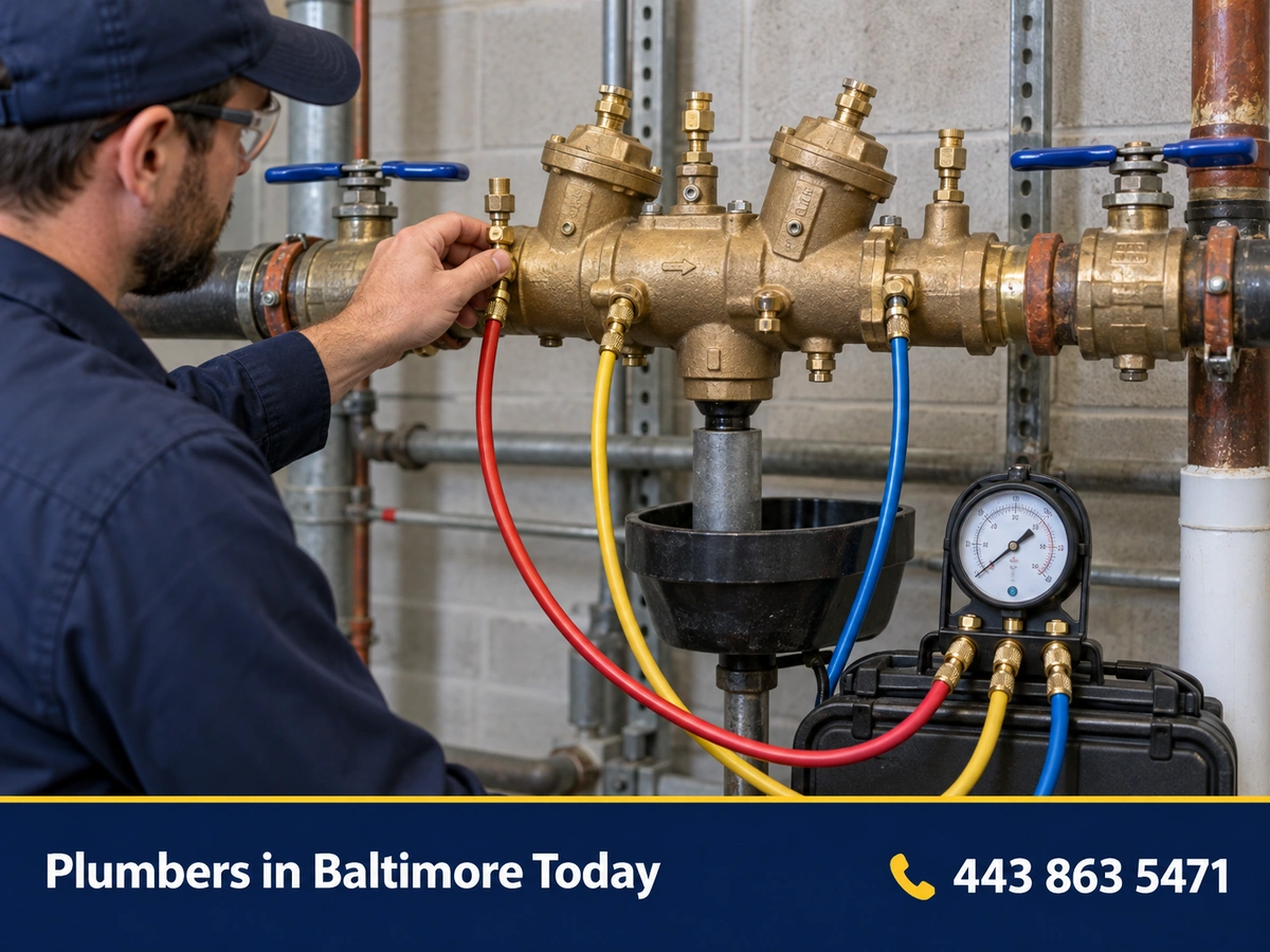 Plumber testing a reduced pressure backflow preventer with a gauge kit