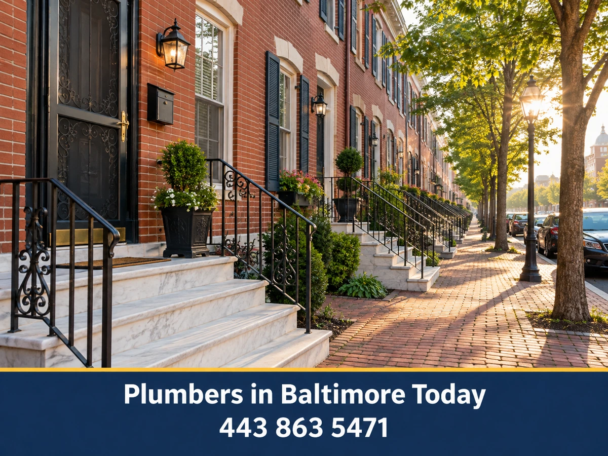 Row of Baltimore brick rowhomes with white marble front steps