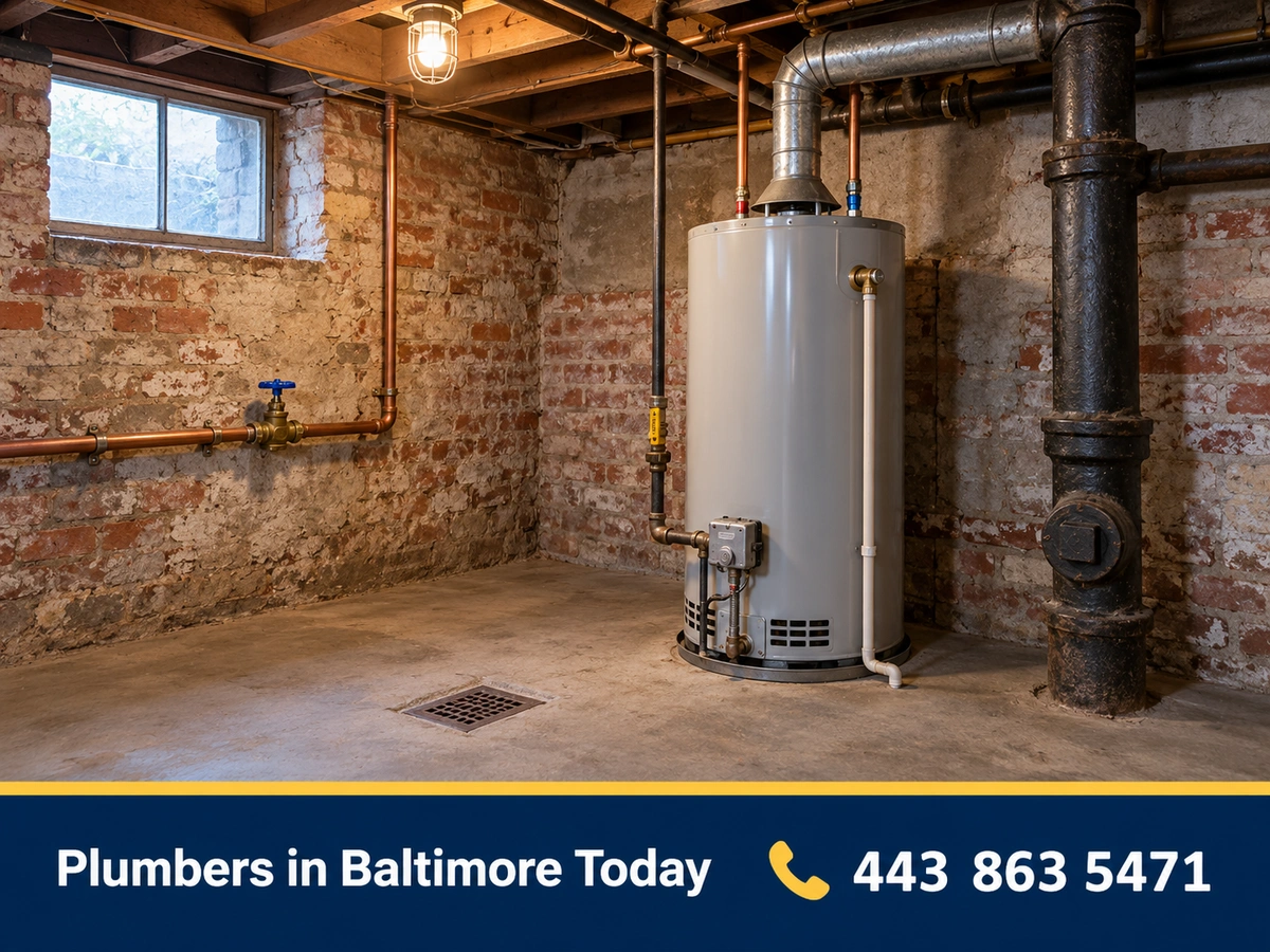 Water heater and cast-iron drain stack in a narrow Baltimore rowhome basement
