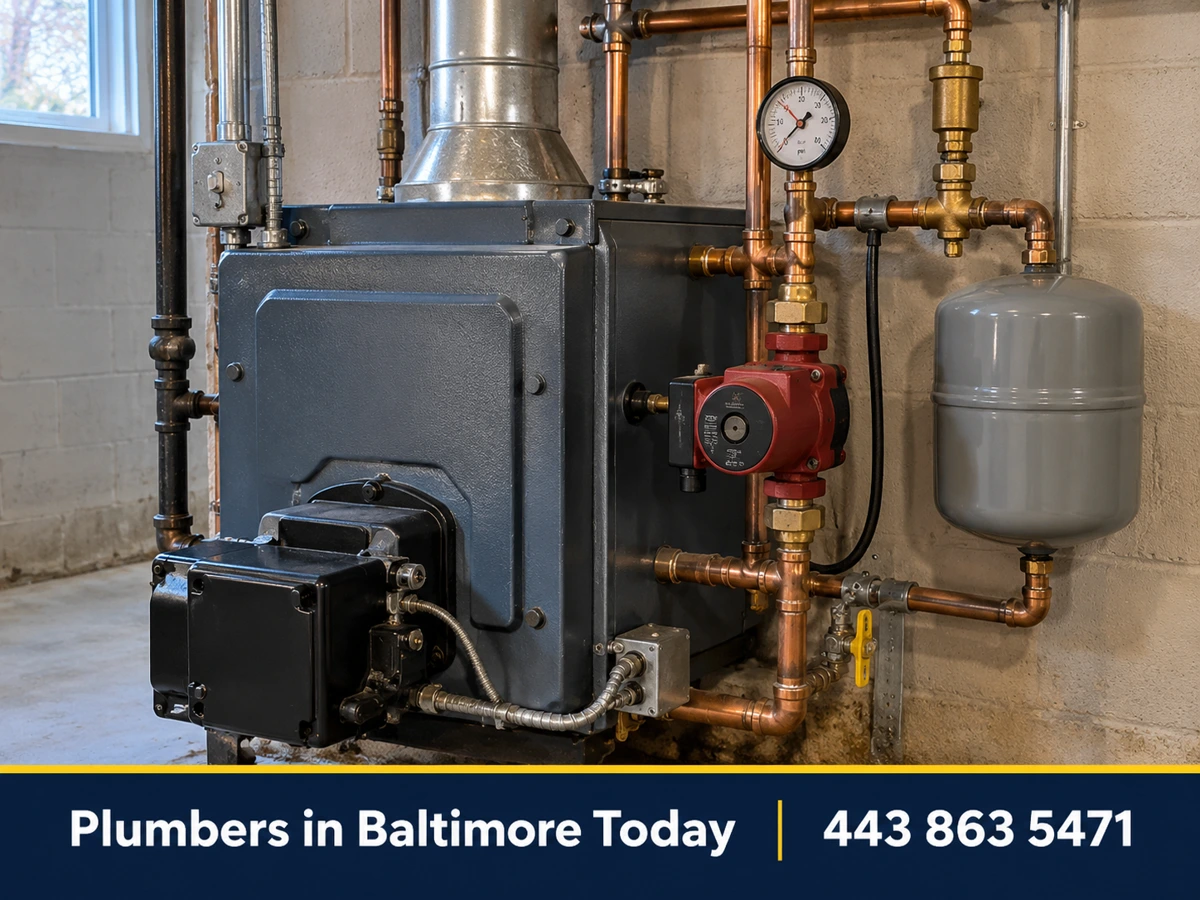 Gas boiler with circulator pumps in a Baltimore basement