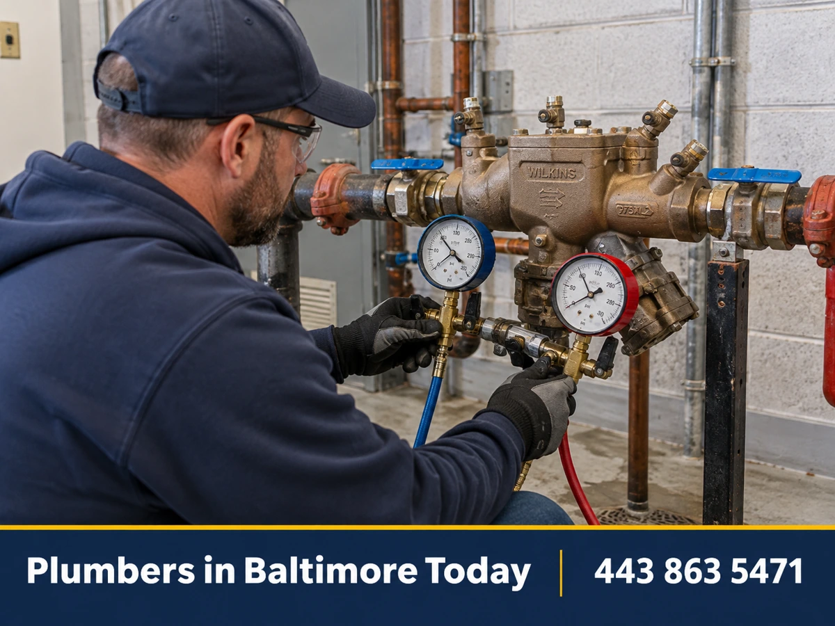 Commercial plumber servicing a backflow preventer in a mechanical room