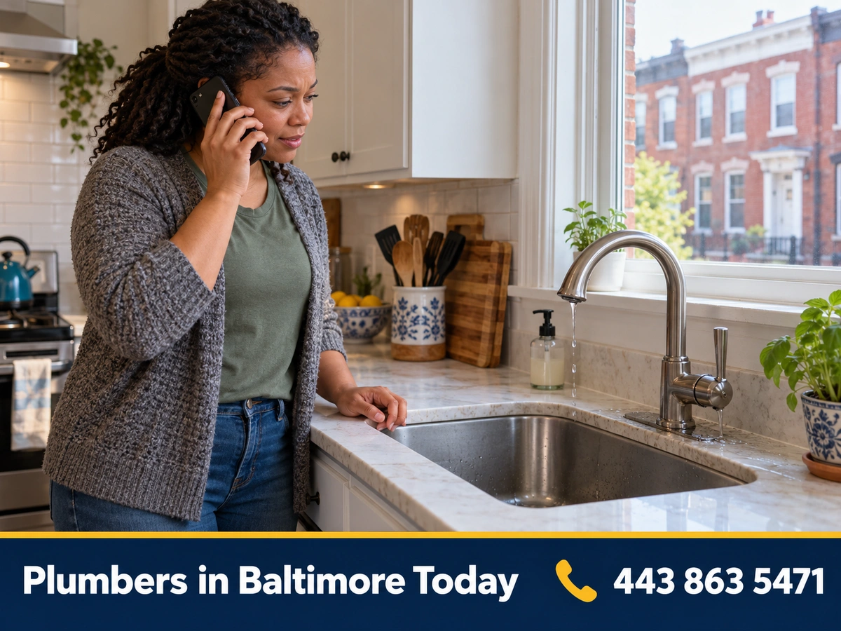 Homeowner calling a plumber from a Baltimore rowhome kitchen