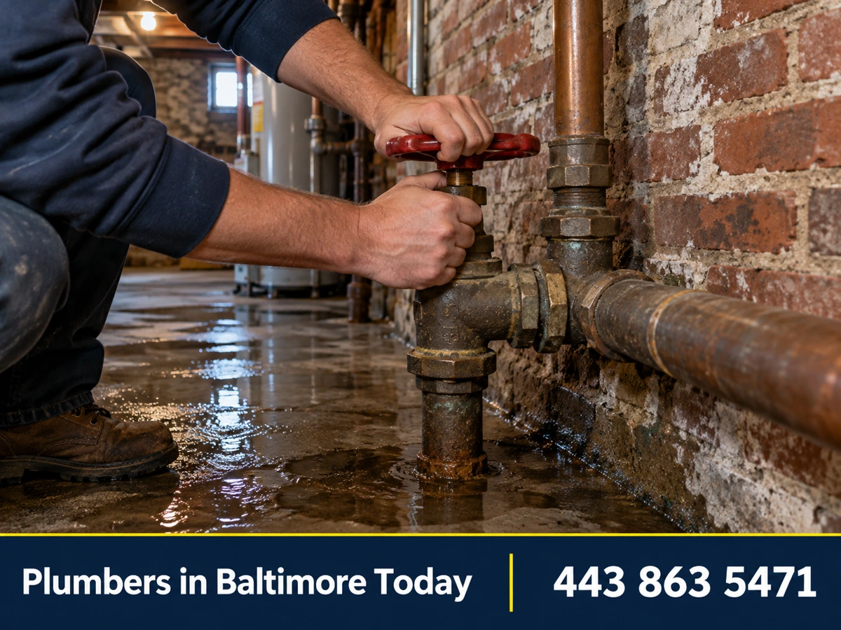 Plumber shutting off a main water valve in a Baltimore rowhome basement