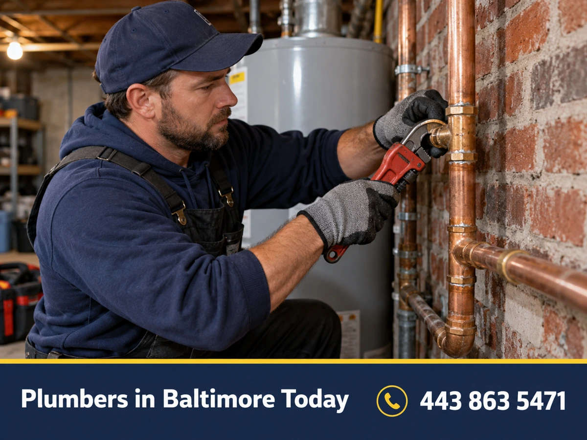 Plomero reparando una tubería en un sótano de Baltimore