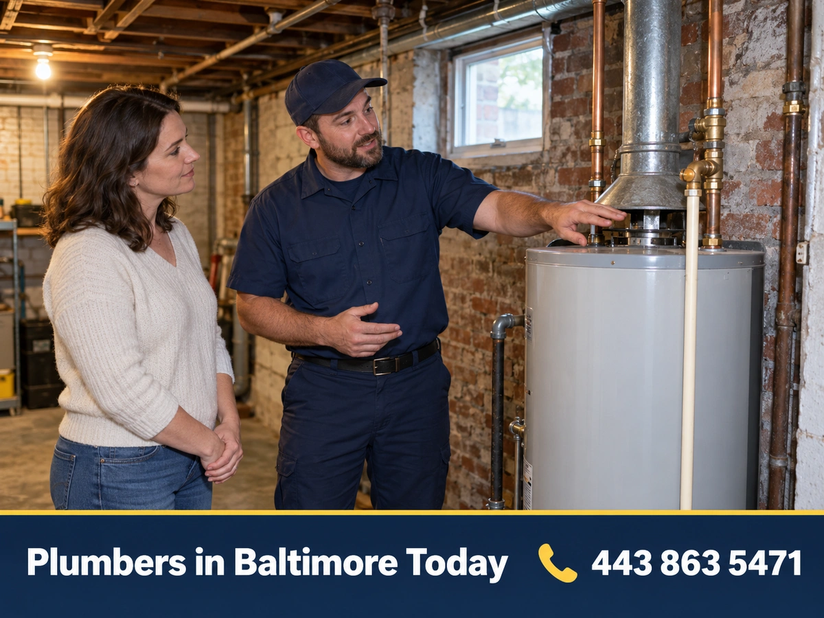 Plumber explaining a repair to a homeowner in a Baltimore basement
