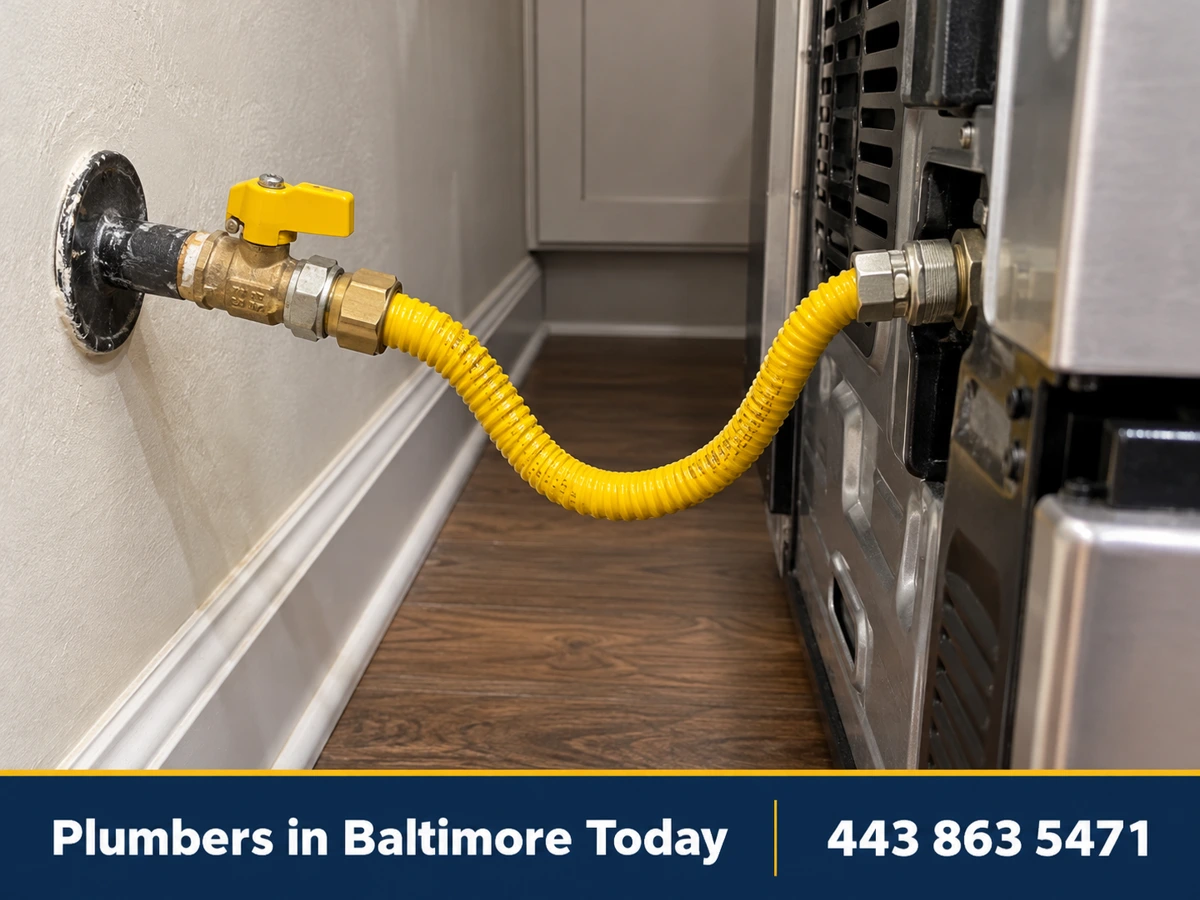 Yellow gas line with a shut-off valve connected to a new range