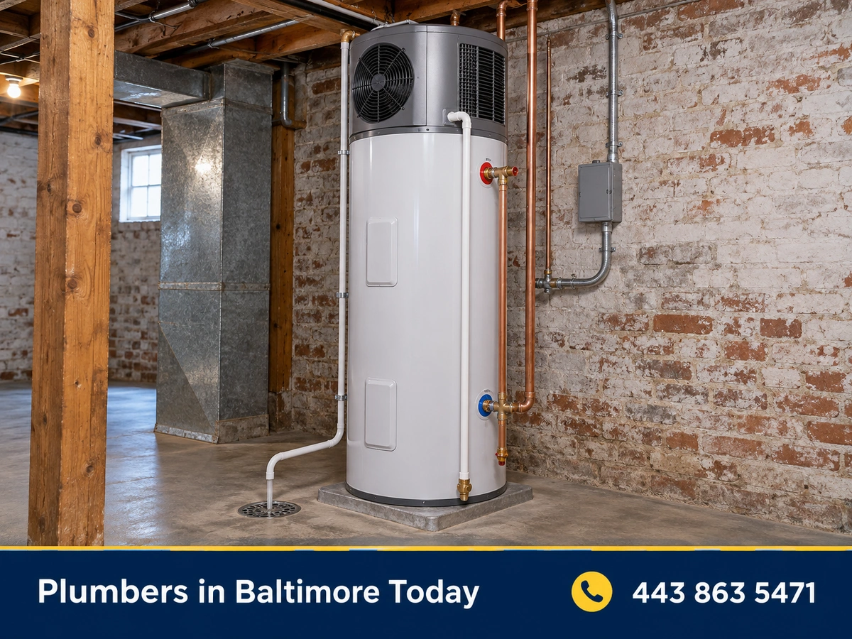 Heat pump water heater installed in an unfinished basement