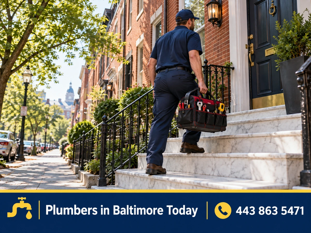 Plumber arriving at a Baltimore rowhome with white marble steps