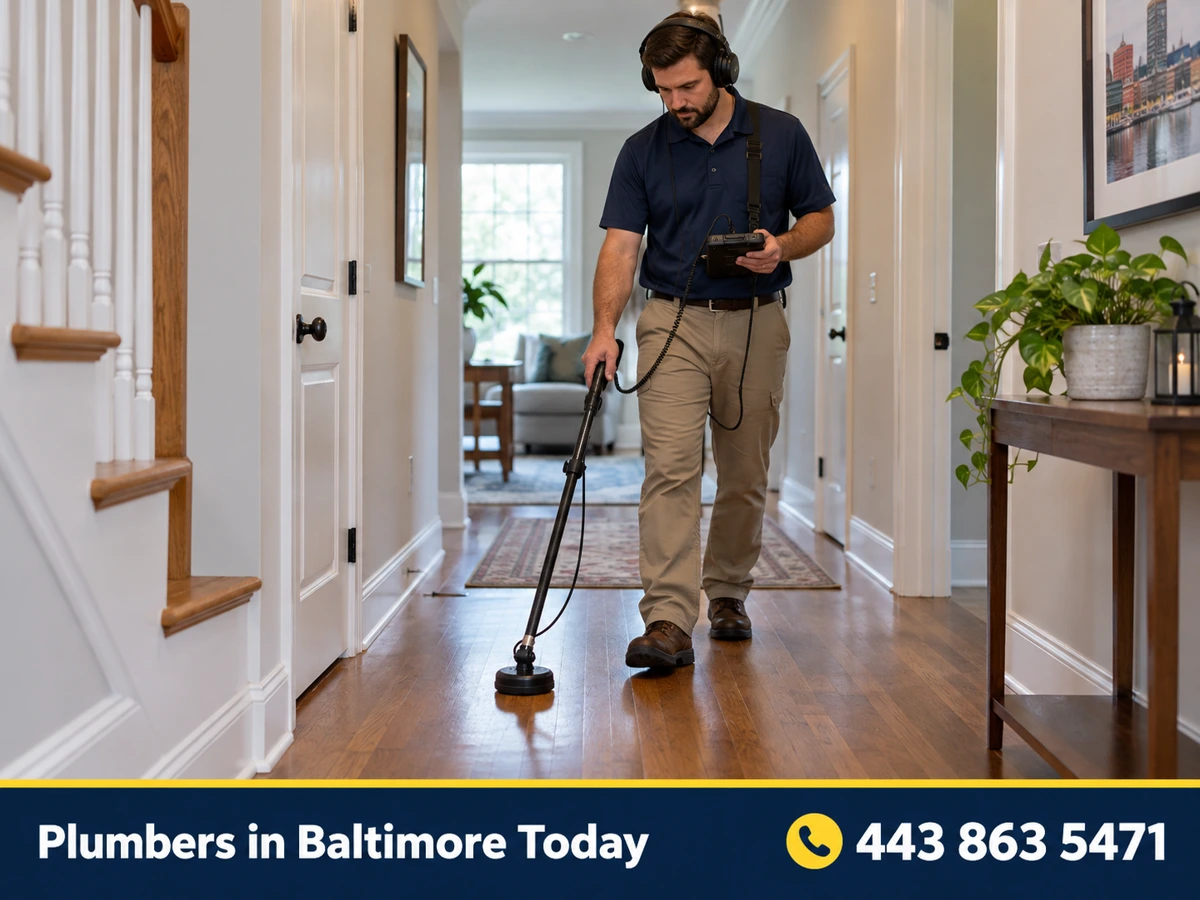 Technician using an acoustic leak detector on a floor