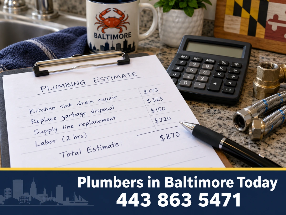 Plumber's invoice and calculator on a kitchen counter
