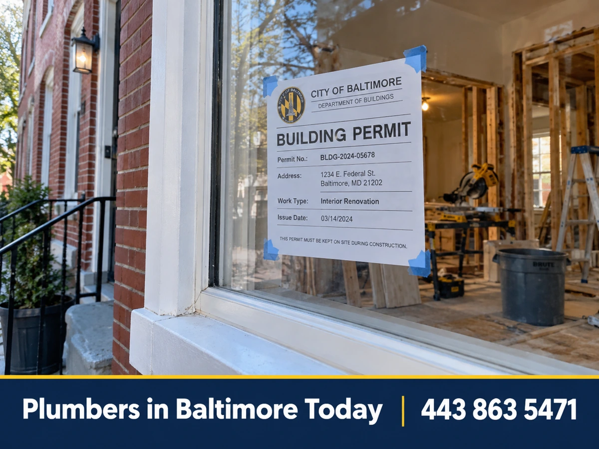 Plumbing permit posted on a window during renovation work