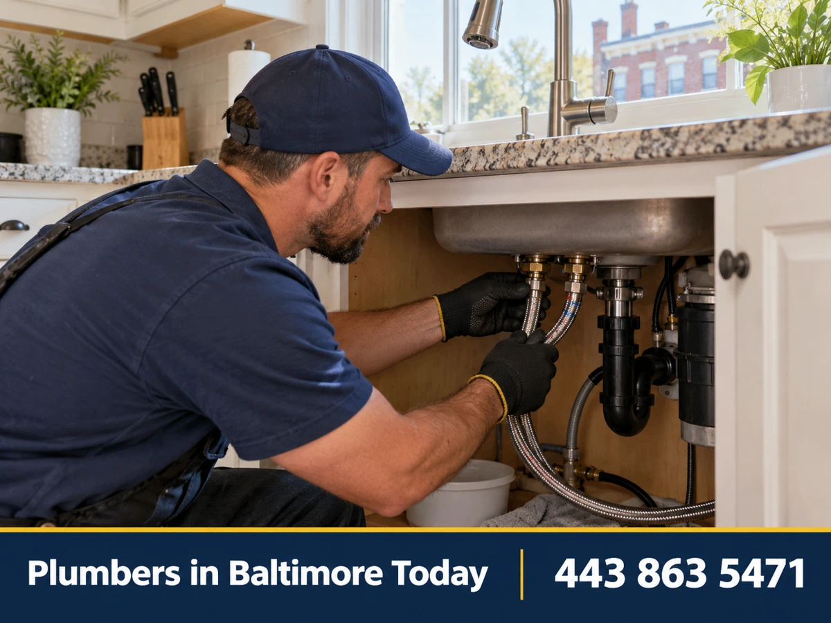 Plumber repairing a kitchen faucet in a Baltimore home