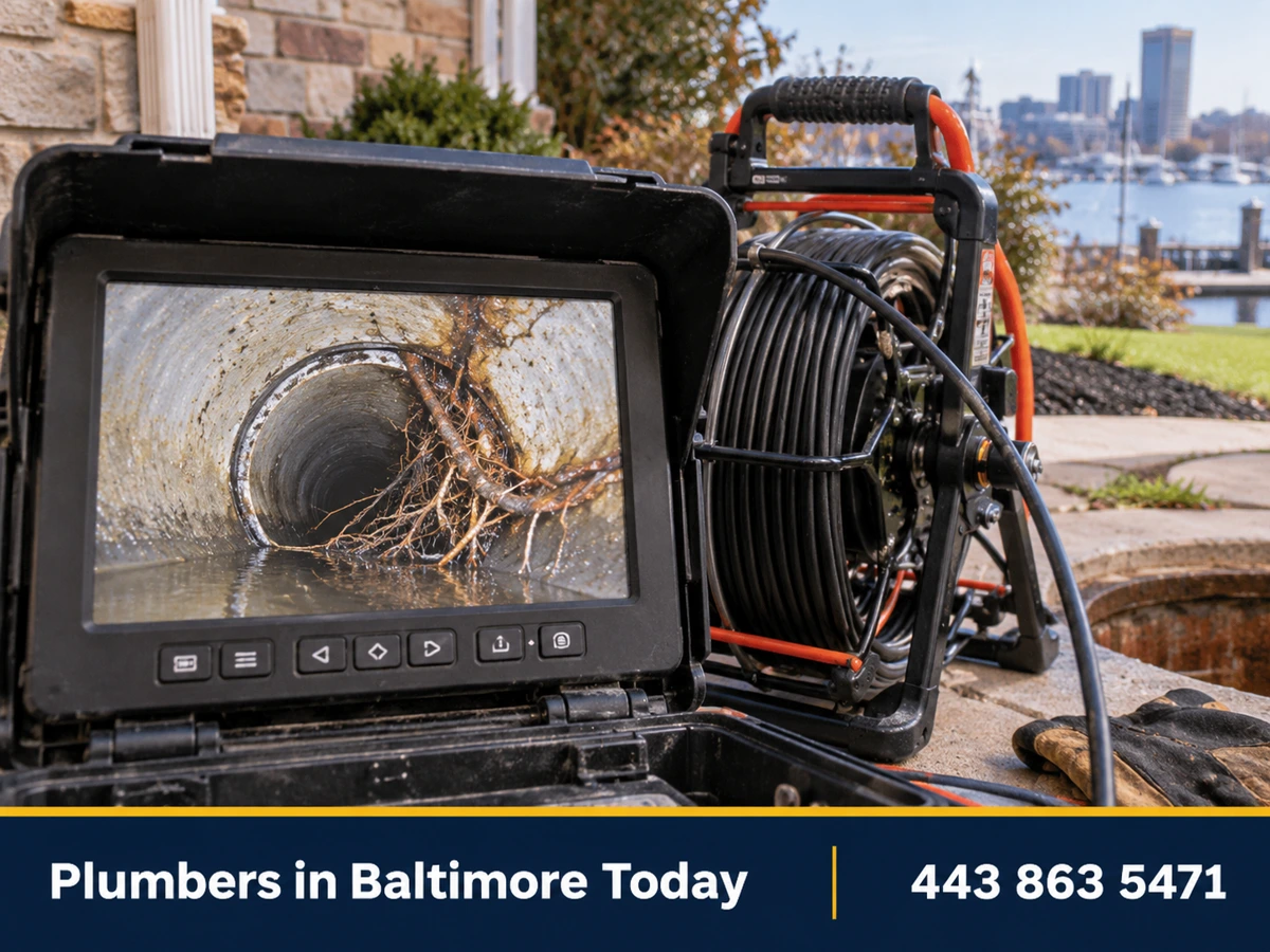 Sewer camera monitor showing tree roots inside a clay sewer pipe