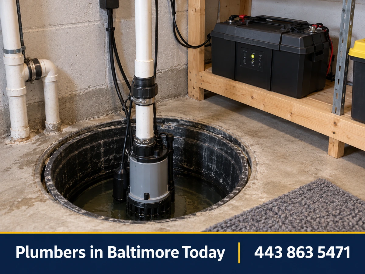 New sump pump with battery backup installed in a basement pit