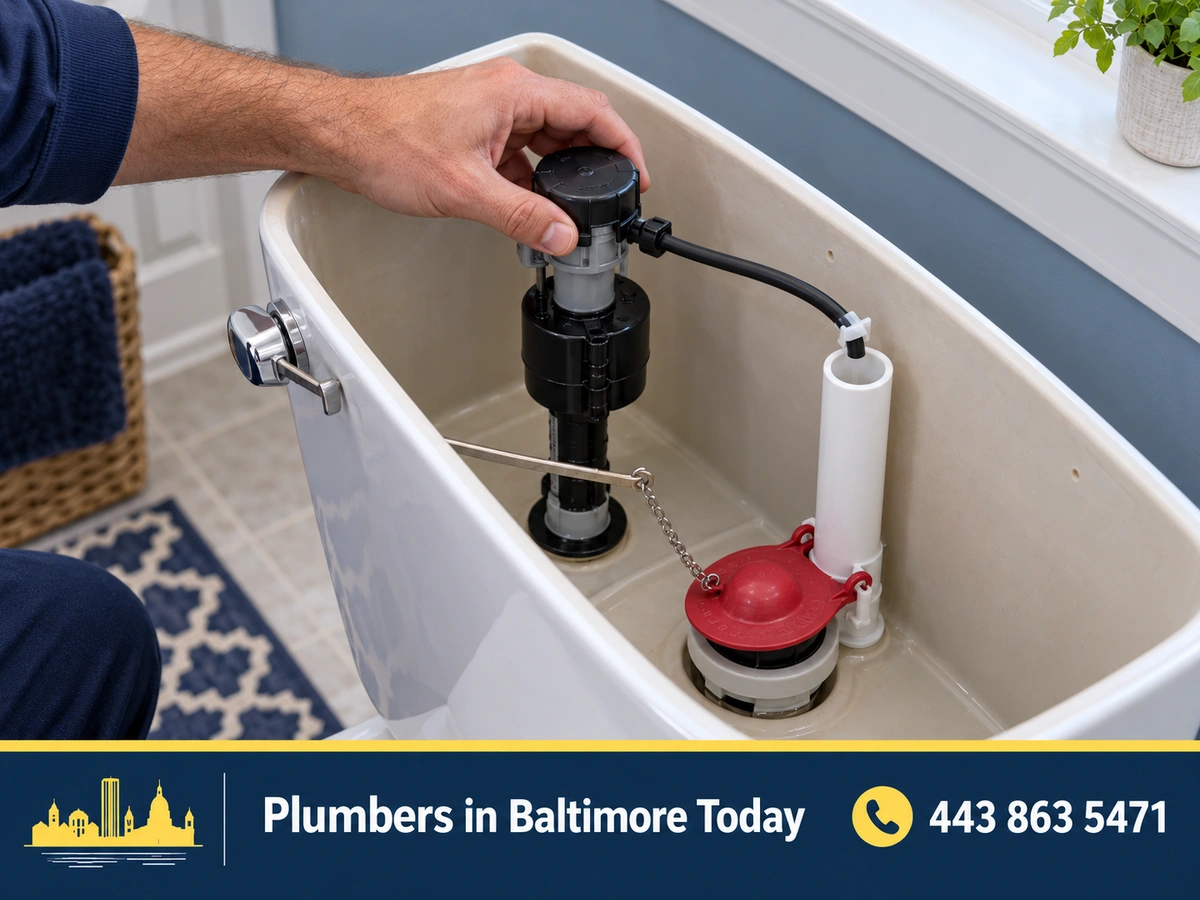 Plumber replacing the fill valve inside a toilet tank