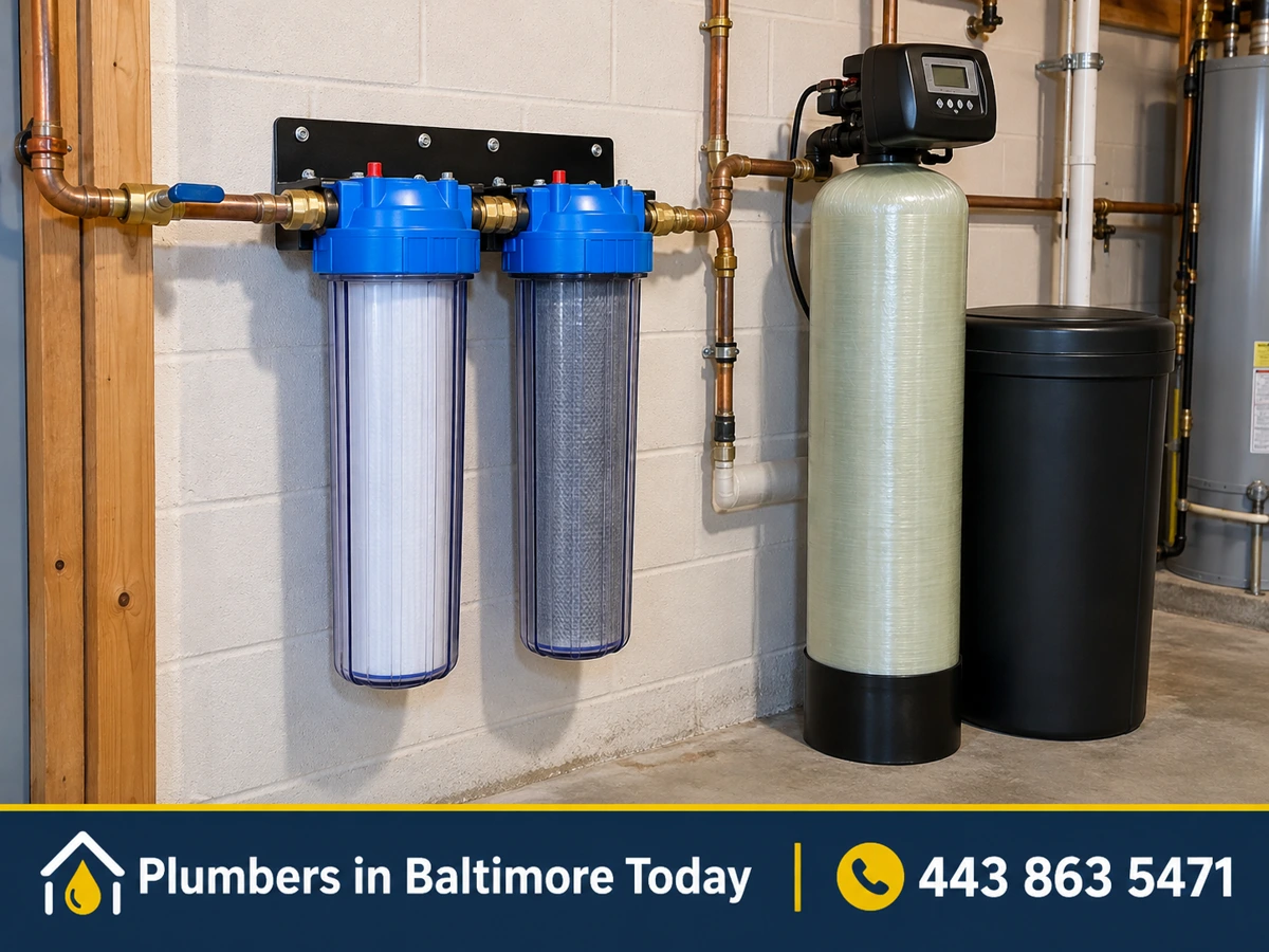 Water softener and whole-house filter installed in a basement