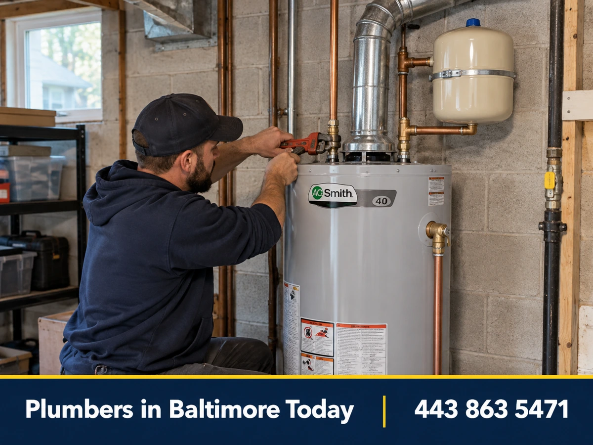 Plumber repairing a gas water heater in a basement