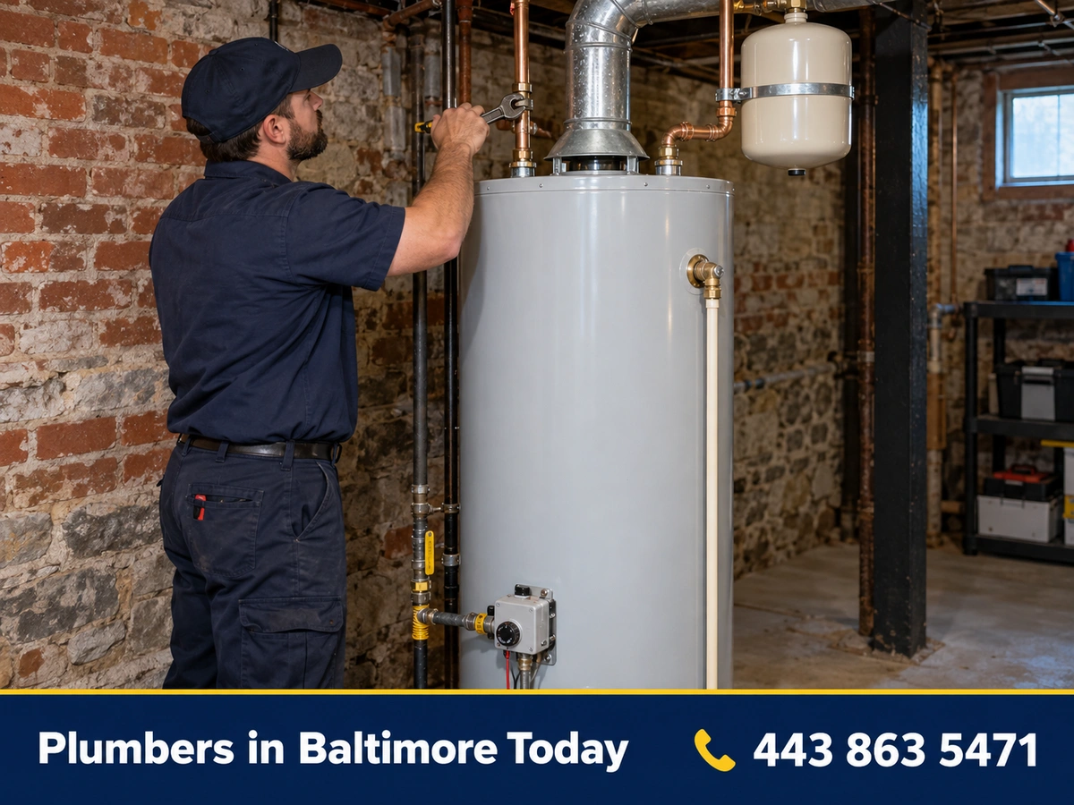 Plumber connecting a new tank water heater in a basement